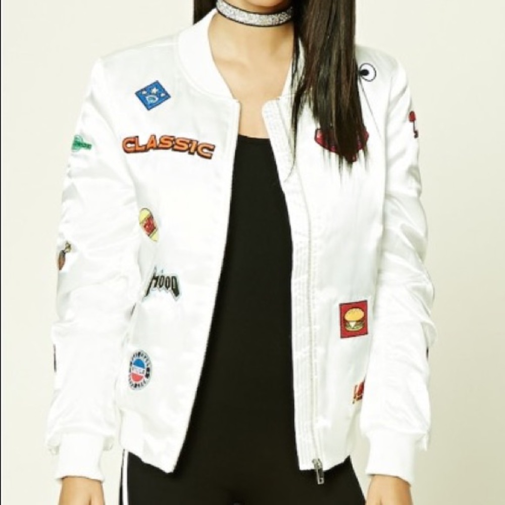 White Emoji Patch Bomber Jacket